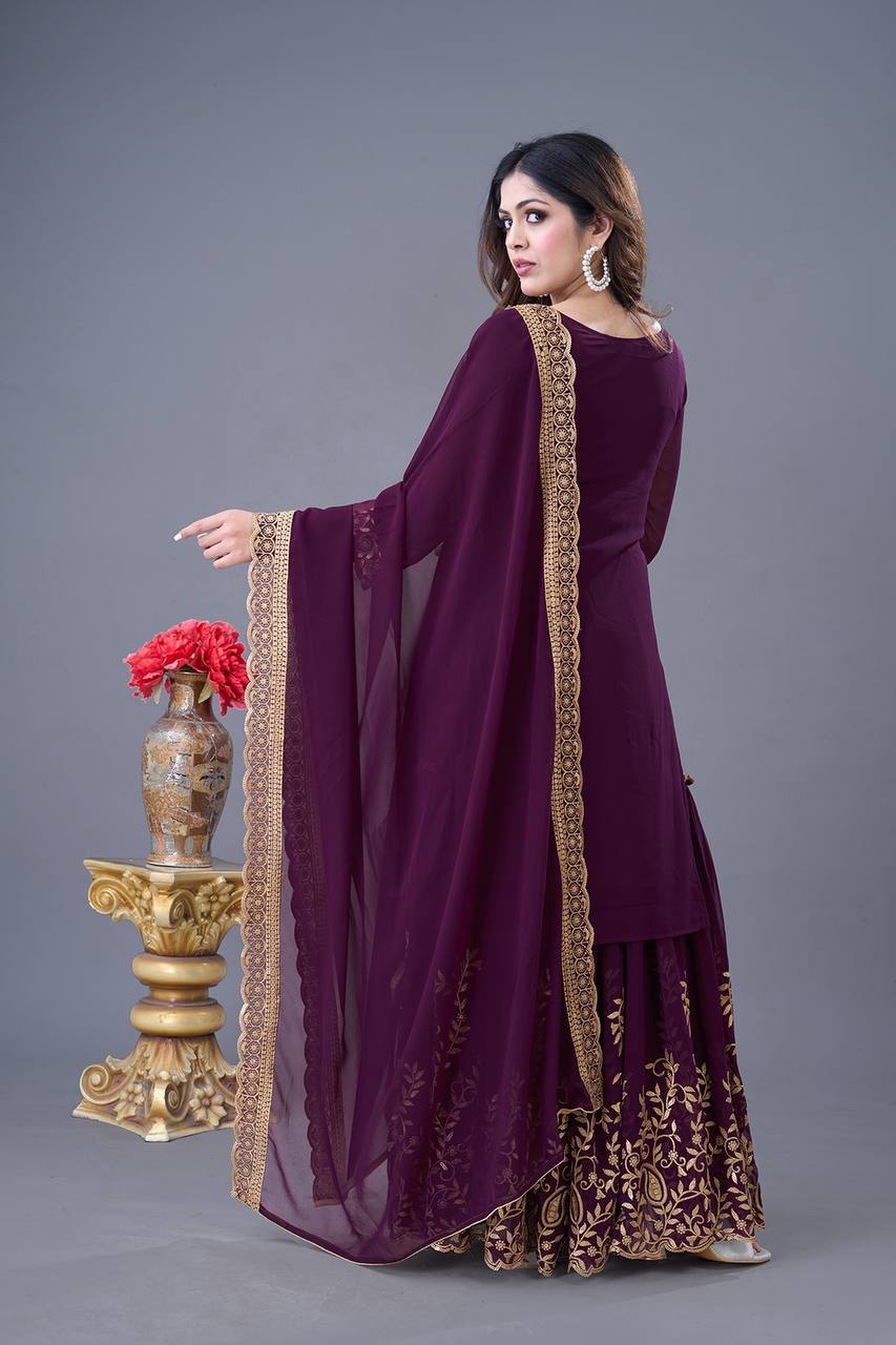 Designer Ready-to-Wear Faux Georgette Top Bottom Dupatta with Embroidery Sequence - Jaipuri Vastra