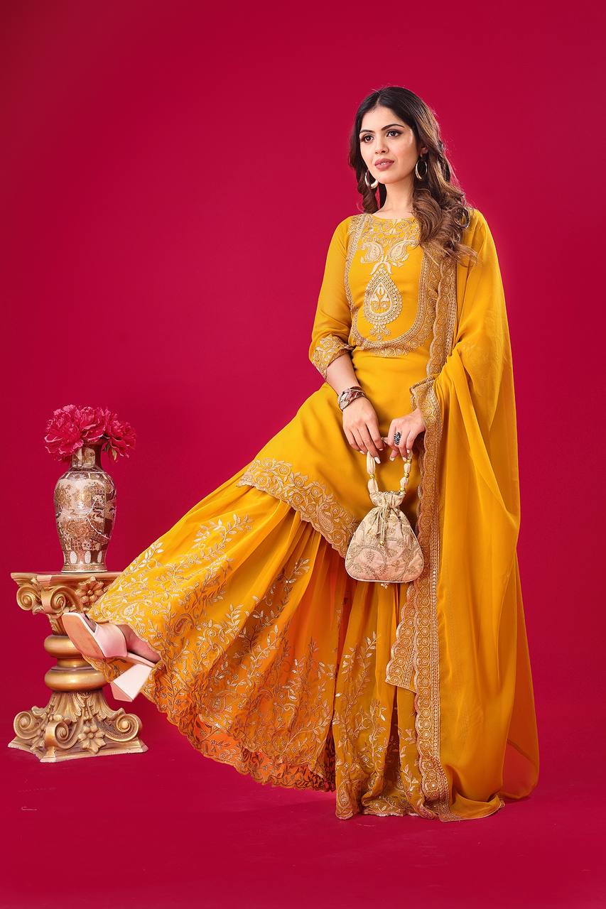 Designer Ready-to-Wear Faux Georgette Top Bottom Dupatta with Embroidery Sequence - Jaipuri Vastra
