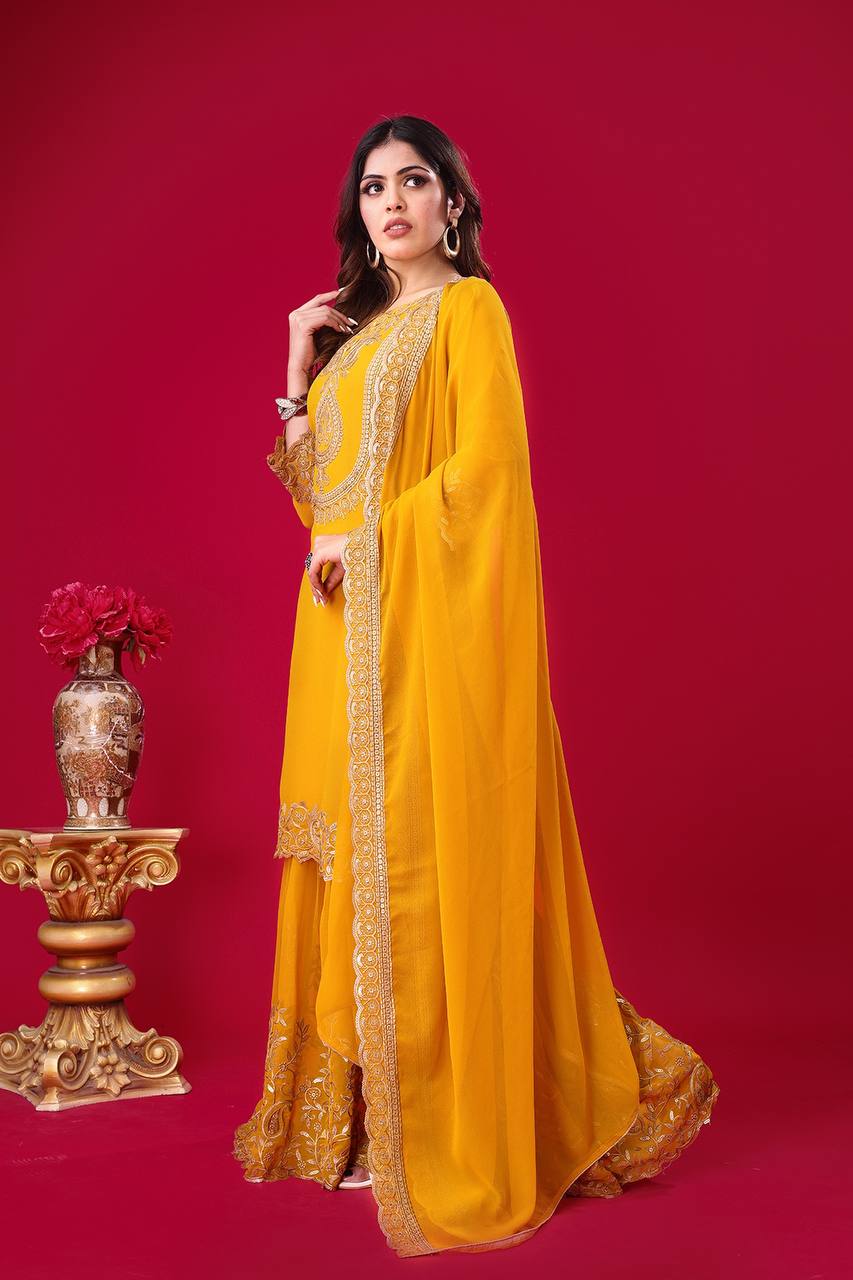 Designer Ready-to-Wear Faux Georgette Top Bottom Dupatta with Embroidery Sequence - Jaipuri Vastra