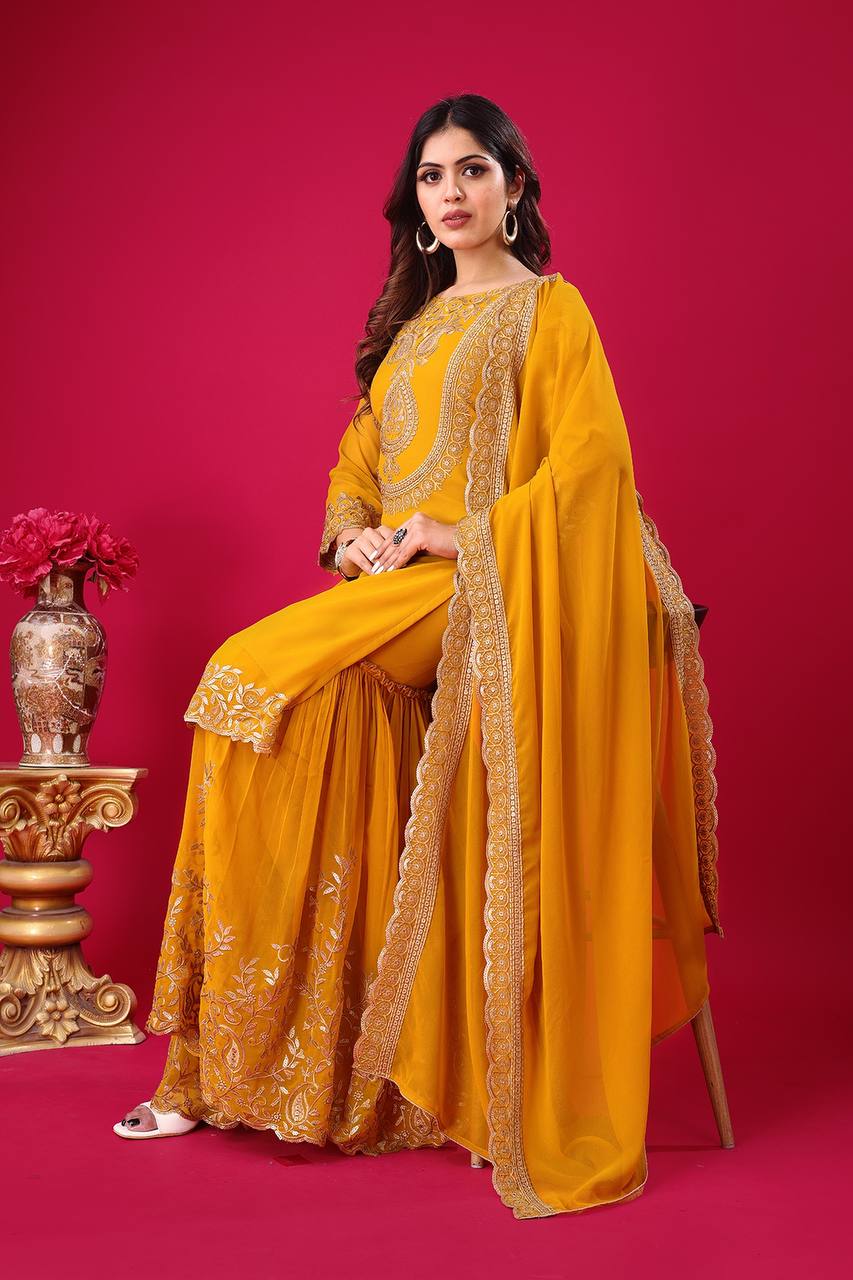 Designer Ready-to-Wear Faux Georgette Top Bottom Dupatta with Embroidery Sequence - Jaipuri Vastra