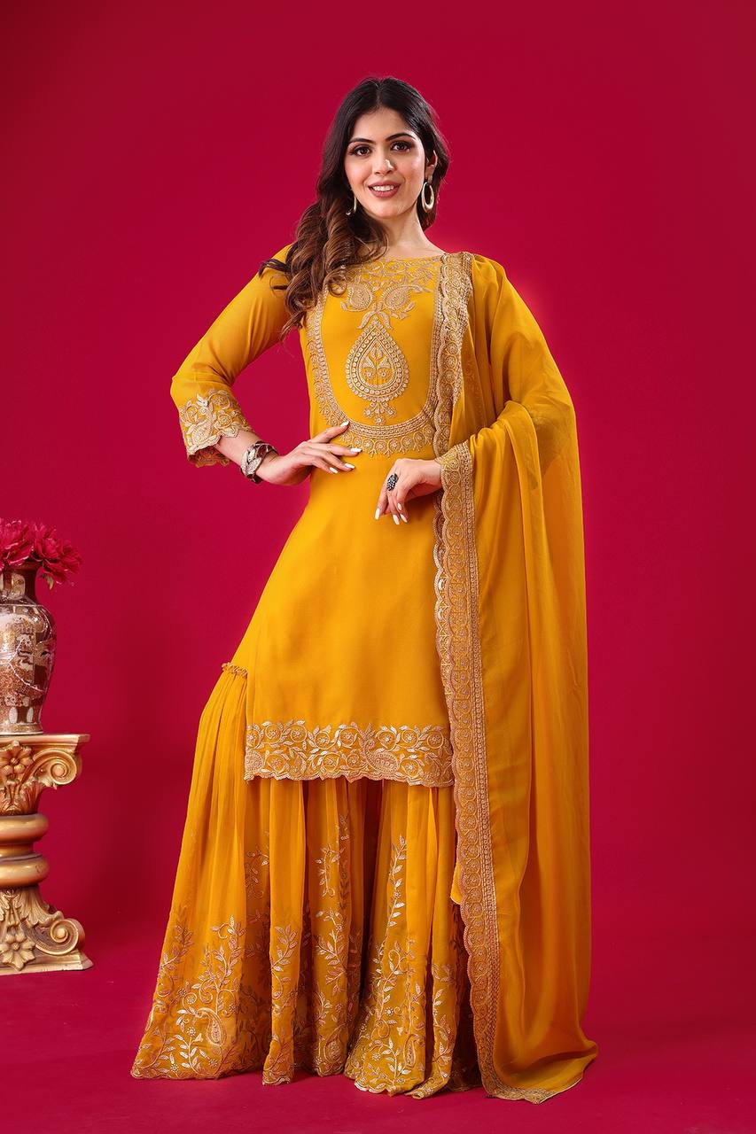Designer Ready-to-Wear Faux Georgette Top Bottom Dupatta with Embroidery Sequence - Jaipuri Vastra