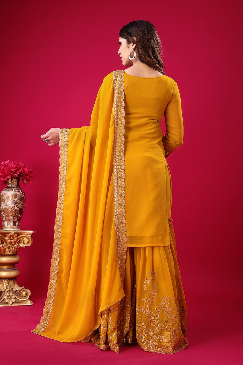 Designer Ready-to-Wear Faux Georgette Top Bottom Dupatta with Embroidery Sequence - Jaipuri Vastra