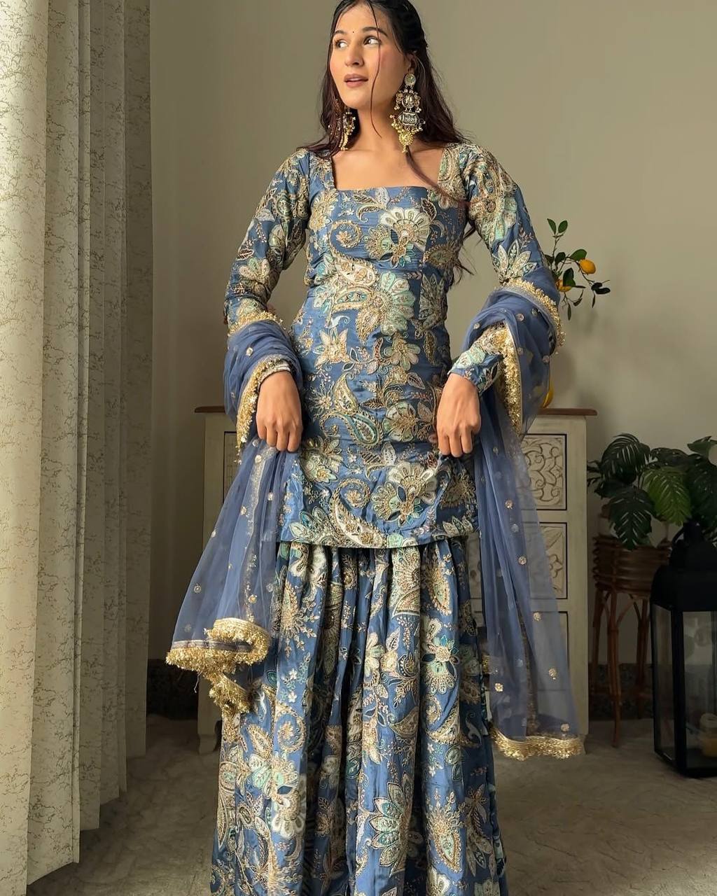 Stylish Chinon Sharara Suit Set with All-Over Sequence Embroidery and Designer Dupatta