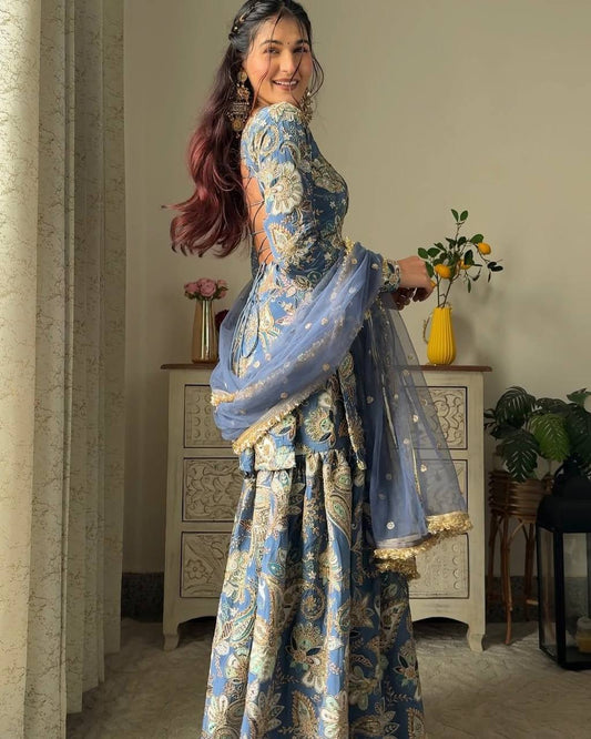 Stylish Chinon Sharara Suit Set with All-Over Sequence Embroidery and Designer Dupatta