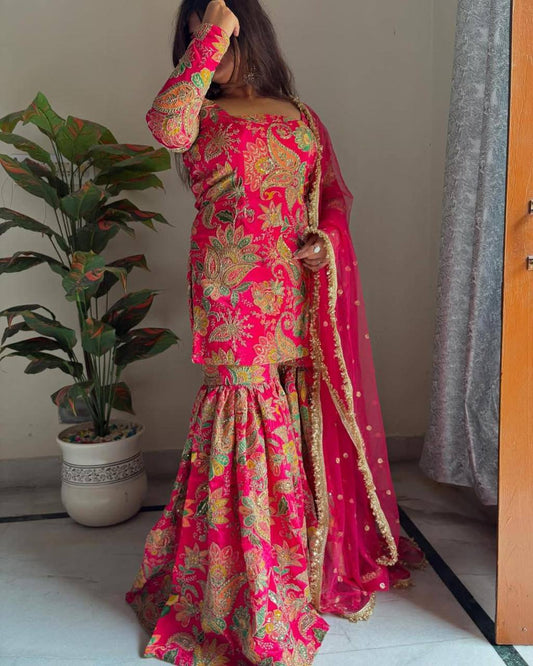 Stylish Chinon Sharara Suit Set with All-Over Sequence Embroidery and Designer Dupatta