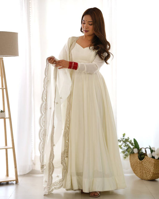 Fully Stitched Romansilk Chanderi Anarkali Outfit with Dupatta and Bottoms - Jaipuri Vastra