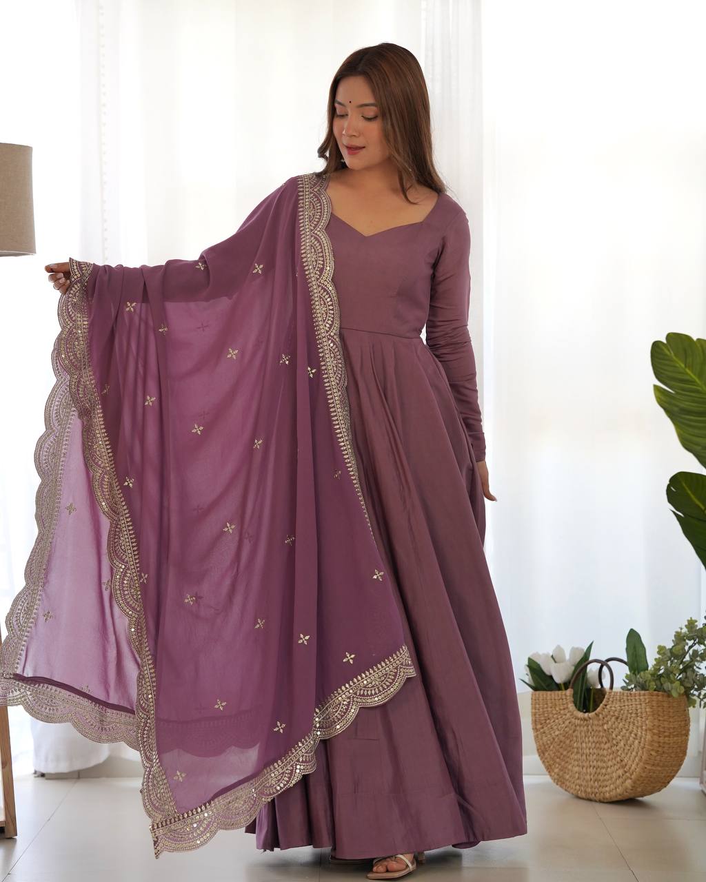 Fully Stitched Romansilk Chanderi Anarkali Outfit with Dupatta and Bottoms - Jaipuri Vastra