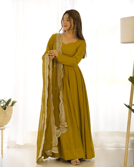Fully Stitched Romansilk Chanderi Anarkali Outfit with Dupatta and Bottoms - Jaipuri Vastra