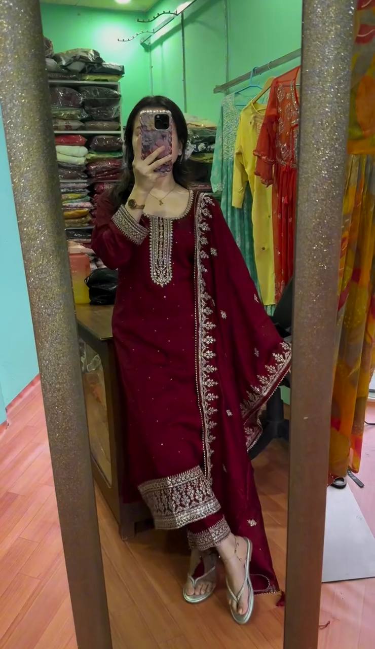 Designer Chinnon Silk Festival Set with Sequence Embroidery and Full Sleeves - Jaipuri Vastra