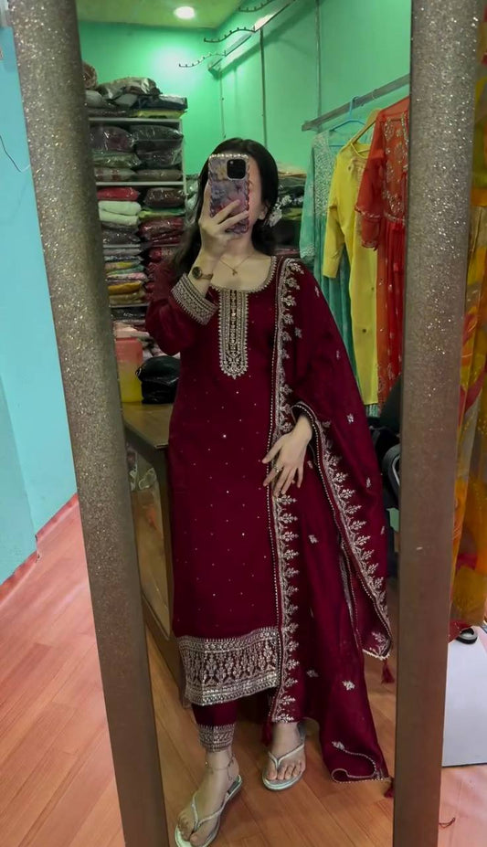 Designer Chinnon Silk Festival Set with Sequence Embroidery and Full Sleeves - Jaipuri Vastra