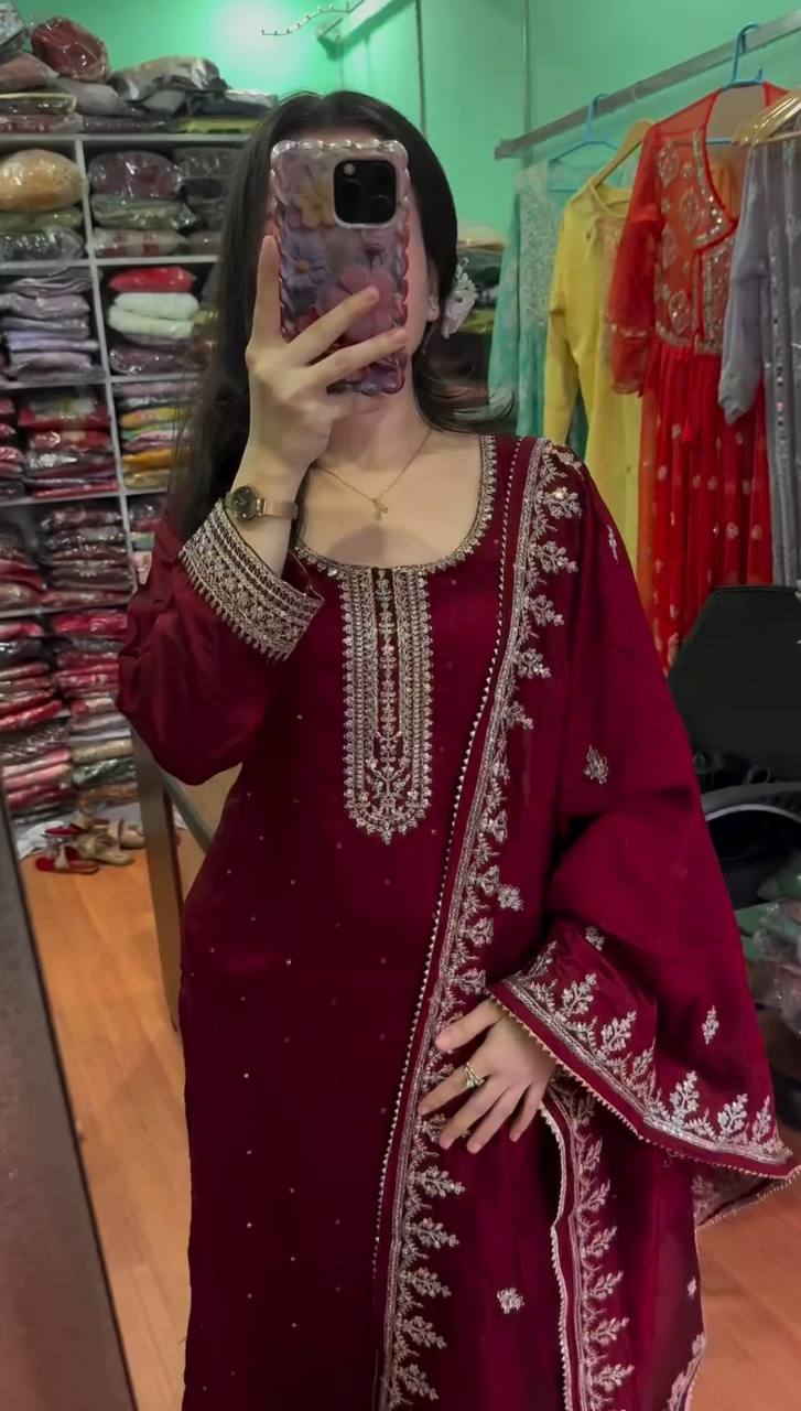 Designer Chinnon Silk Festival Set with Sequence Embroidery and Full Sleeves - Jaipuri Vastra