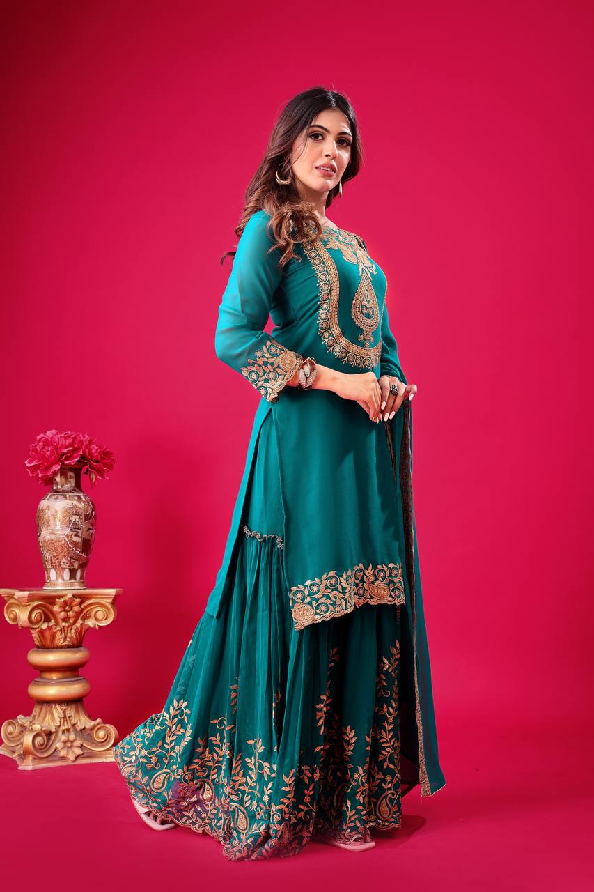 Designer Ready-to-Wear Faux Georgette Top Bottom Dupatta with Embroidery Sequence - Jaipuri Vastra