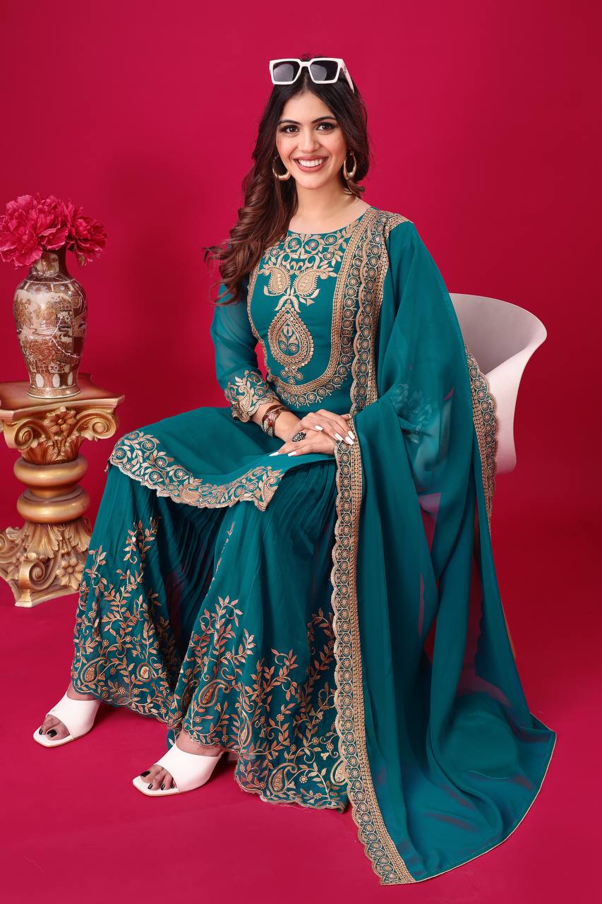 Designer Ready-to-Wear Faux Georgette Top Bottom Dupatta with Embroidery Sequence - Jaipuri Vastra