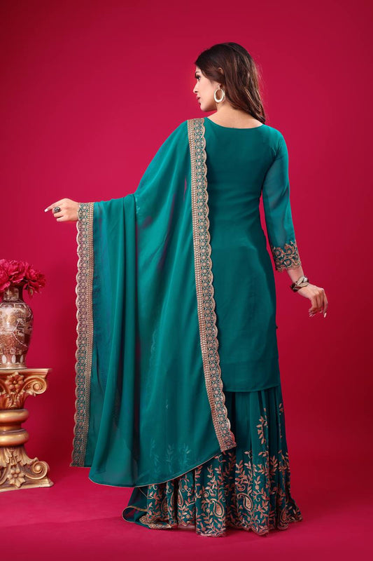 Designer Ready-to-Wear Faux Georgette Top Bottom Dupatta with Embroidery Sequence - Jaipuri Vastra