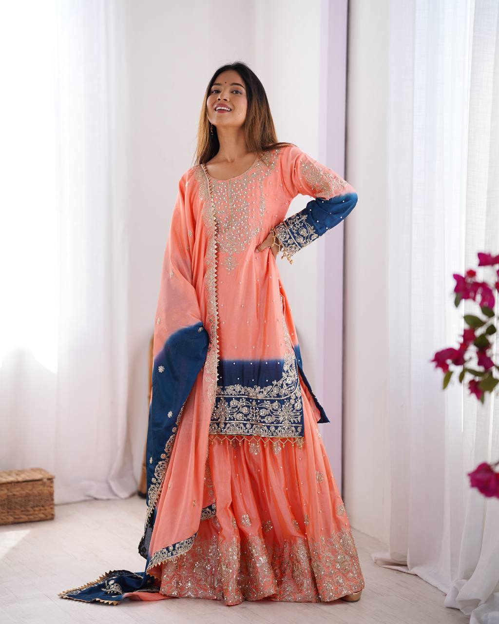 Elegant Chinon Silk Top with Coding Dori Sequin and Rivet Moti Work Plazzo Suit - Jaipuri Vastra