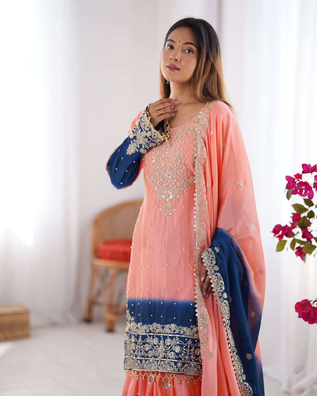 Elegant Chinon Silk Top with Coding Dori Sequin and Rivet Moti Work Plazzo Suit - Jaipuri Vastra
