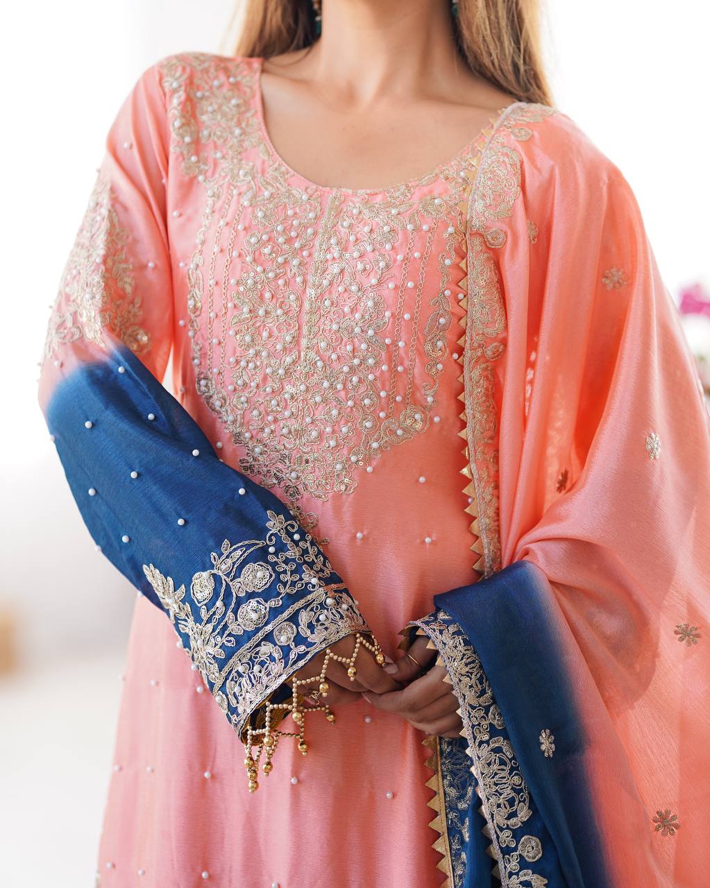 Elegant Chinon Silk Top with Coding Dori Sequin and Rivet Moti Work Plazzo Suit - Jaipuri Vastra
