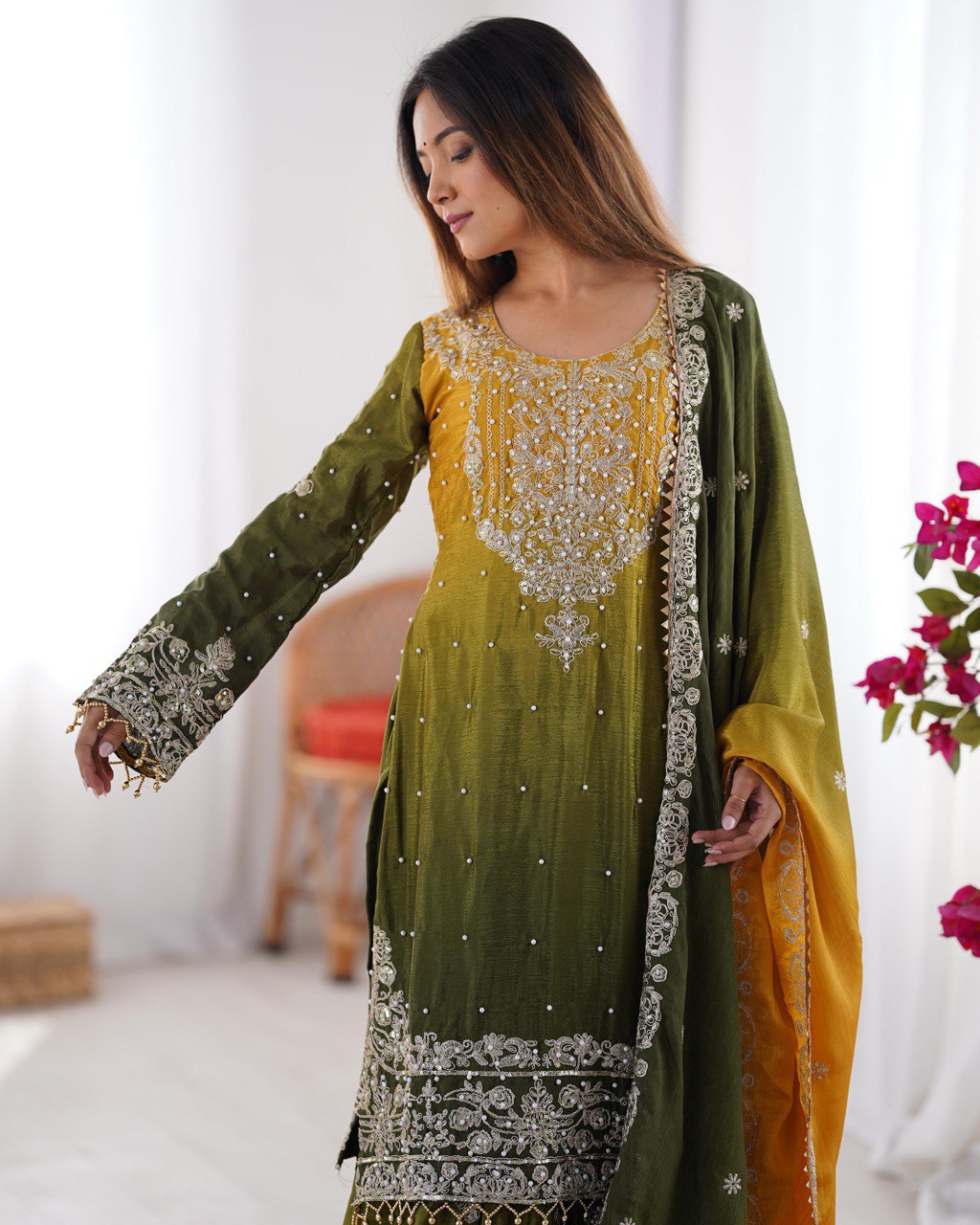 Elegant Chinon Silk Top with Coding Dori Sequin and Rivet Moti Work Plazzo Suit - Jaipuri Vastra