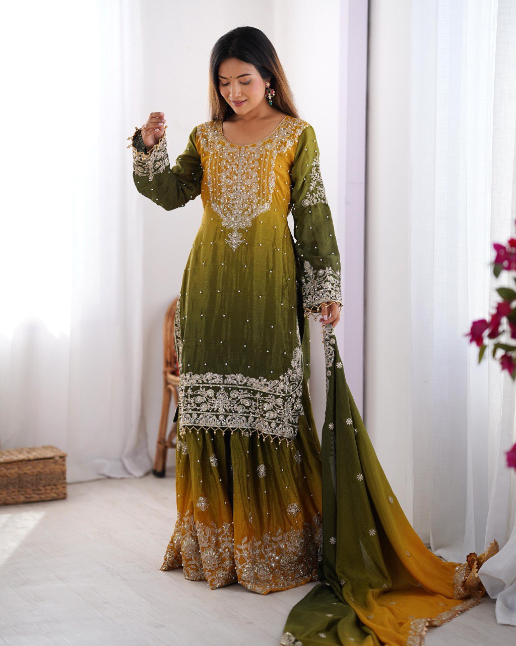 Elegant Chinon Silk Top with Coding Dori Sequin and Rivet Moti Work Plazzo Suit - Jaipuri Vastra