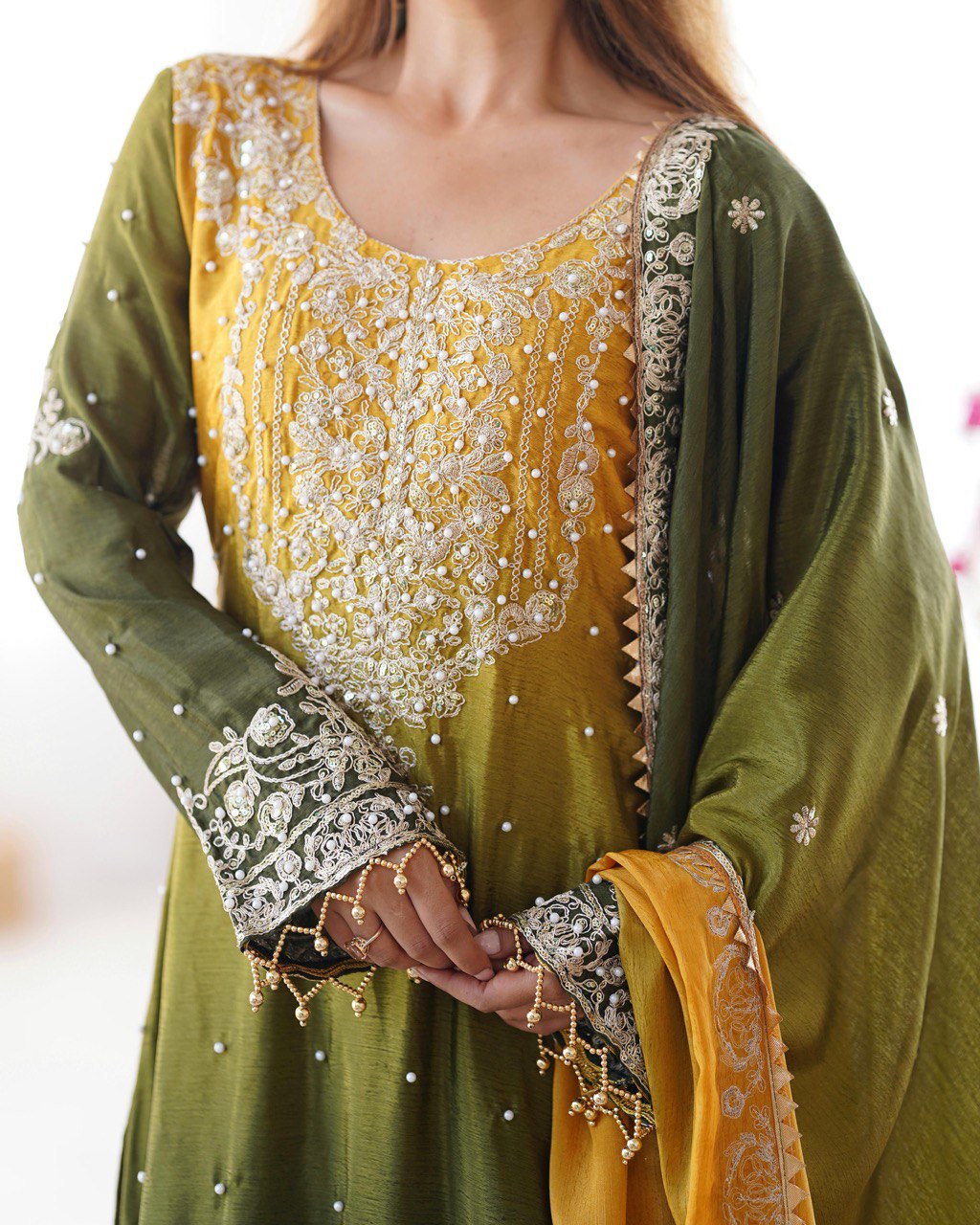 Elegant Chinon Silk Top with Coding Dori Sequin and Rivet Moti Work Plazzo Suit - Jaipuri Vastra