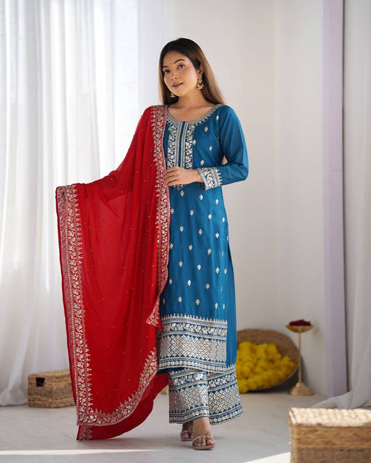 Festival Ready To Wear Chinnon Silk Top Bottom Dupatta Heavy Embroidery Sequence Work Set - Jaipuri Vastra
