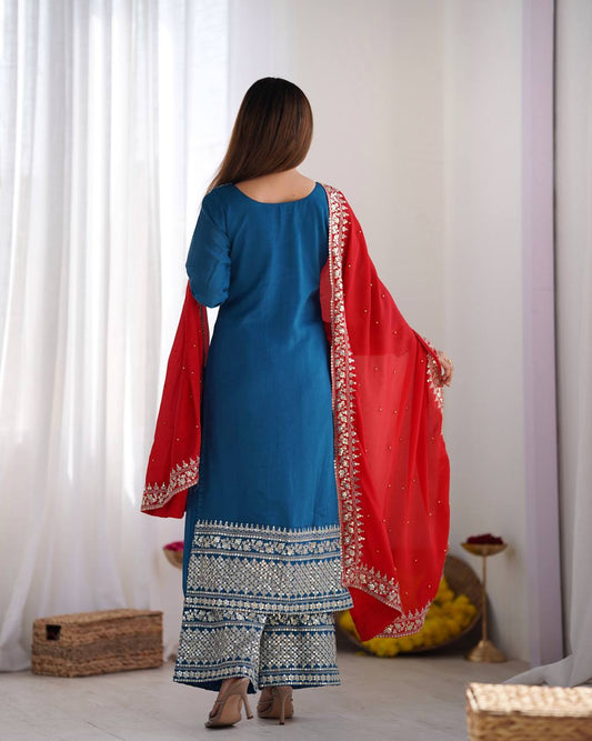Festival Ready To Wear Chinnon Silk Top Bottom Dupatta Heavy Embroidery Sequence Work Set - Jaipuri Vastra