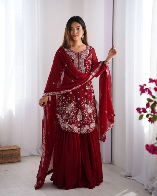 Premium Faux Georgette Sharara Set with Front and Back Work and Matching Dupatta - Jaipuri Vastra
