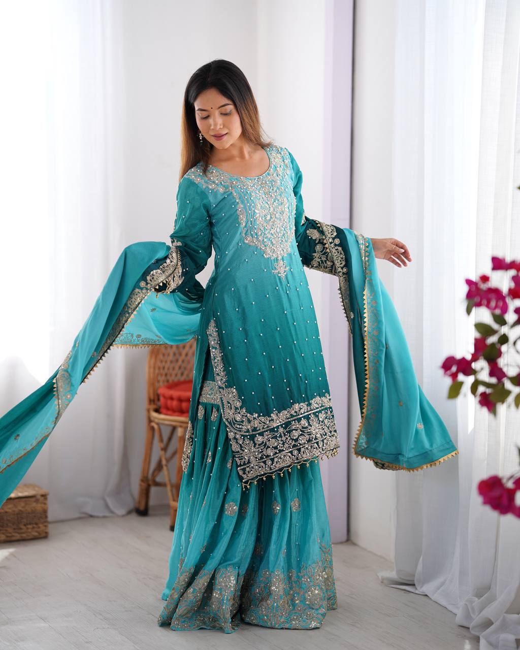 Elegant Chinon Silk Top with Coding Dori Sequin and Rivet Moti Work Plazzo Suit - Jaipuri Vastra