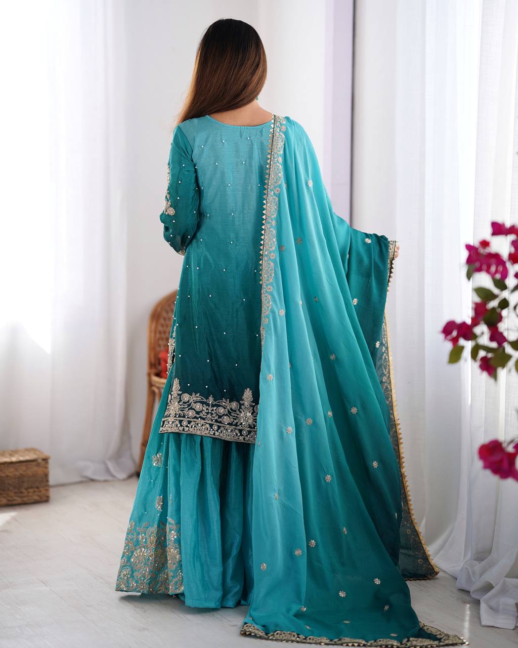 Elegant Chinon Silk Top with Coding Dori Sequin and Rivet Moti Work Plazzo Suit - Jaipuri Vastra