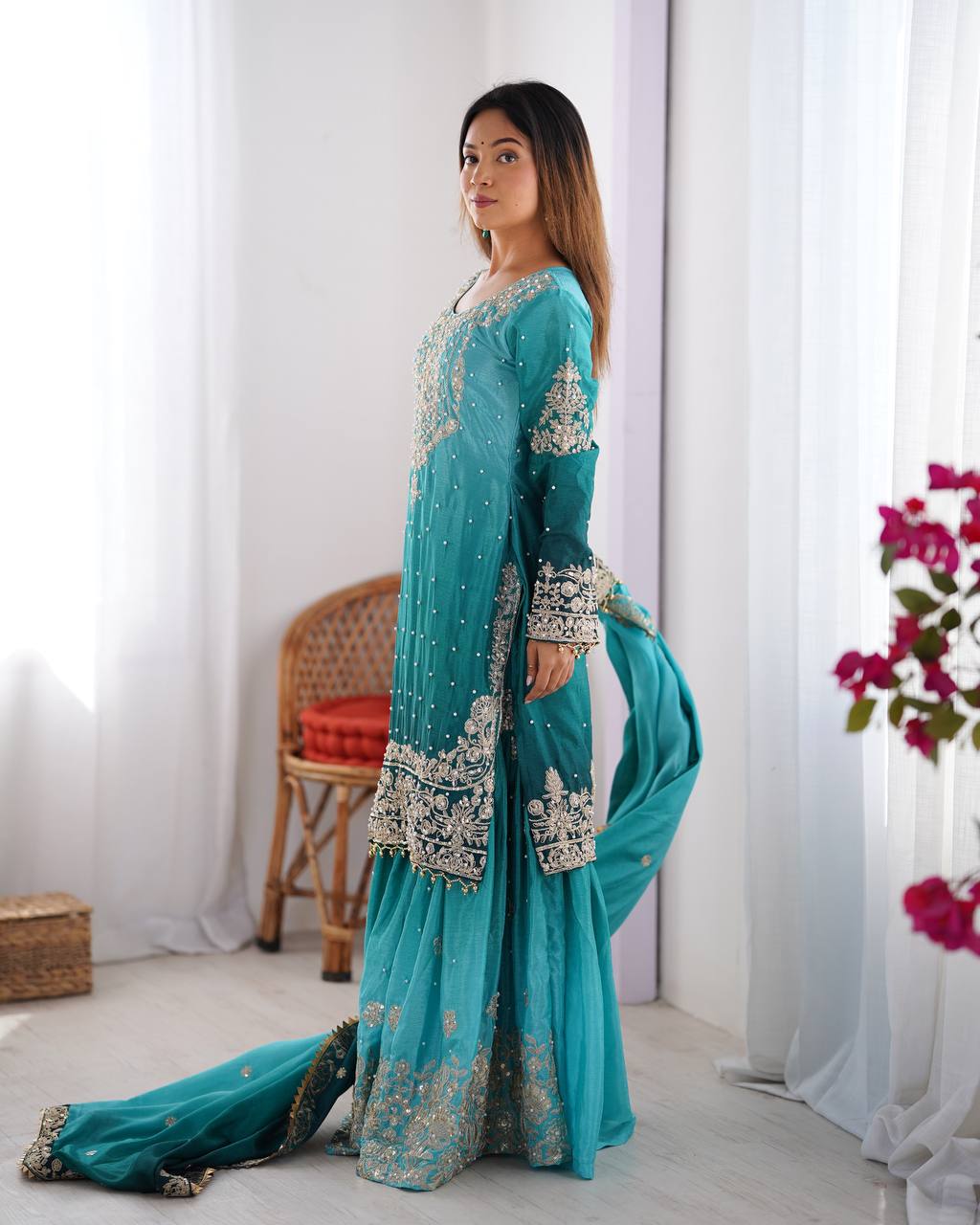 Elegant Chinon Silk Top with Coding Dori Sequin and Rivet Moti Work Plazzo Suit - Jaipuri Vastra