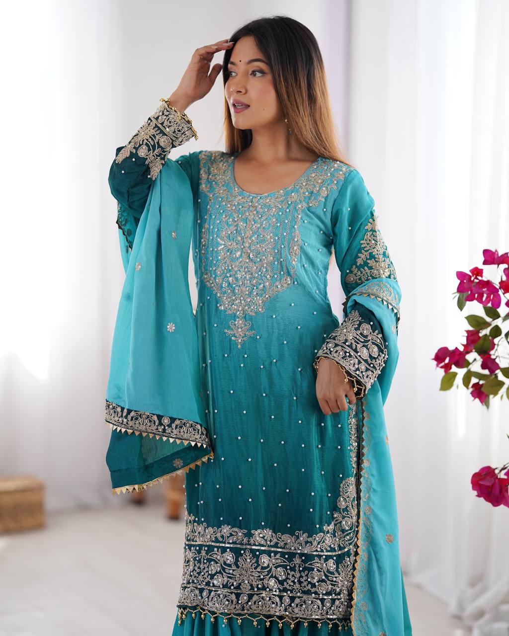 Elegant Chinon Silk Top with Coding Dori Sequin and Rivet Moti Work Plazzo Suit - Jaipuri Vastra