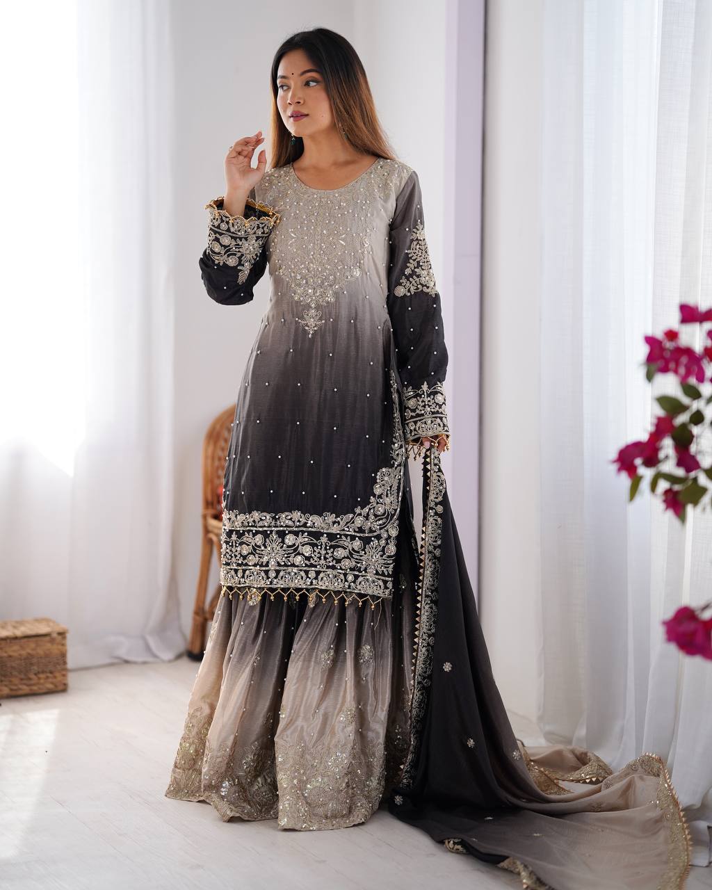 Elegant Chinon Silk Top with Coding Dori Sequin and Rivet Moti Work Plazzo Suit - Jaipuri Vastra
