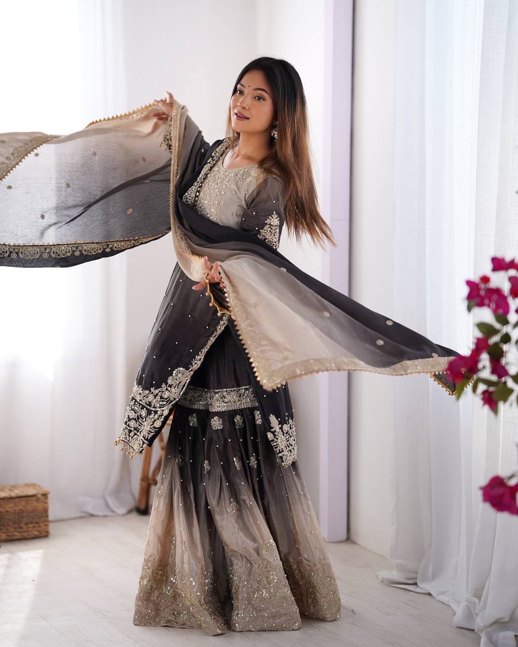 Elegant Chinon Silk Top with Coding Dori Sequin and Rivet Moti Work Plazzo Suit - Jaipuri Vastra