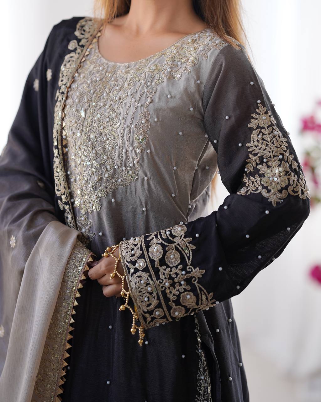 Elegant Chinon Silk Top with Coding Dori Sequin and Rivet Moti Work Plazzo Suit - Jaipuri Vastra