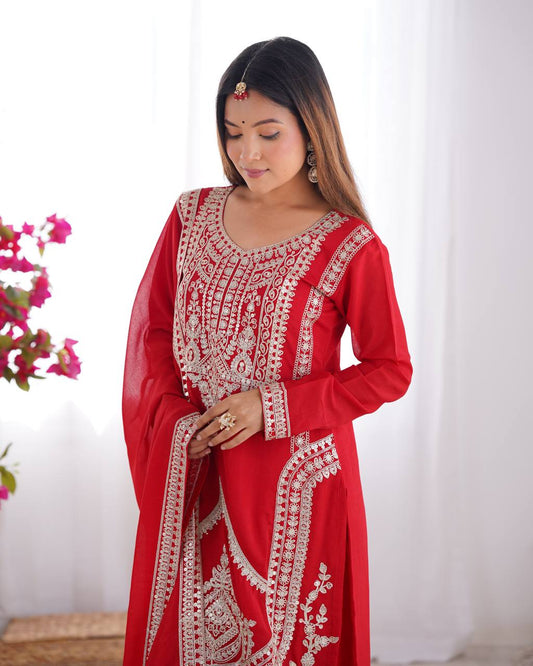 Premium Vichitra Silk Kurta with Straight Cut Design, Dupatta and Ready-to-Wear Trousers - Jaipuri Vastra