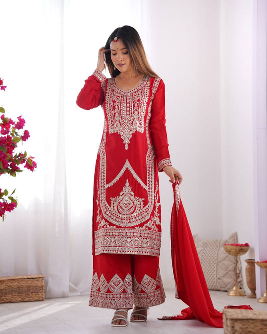 Premium Vichitra Silk Kurta with Straight Cut Design, Dupatta and Ready-to-Wear Trousers - Jaipuri Vastra