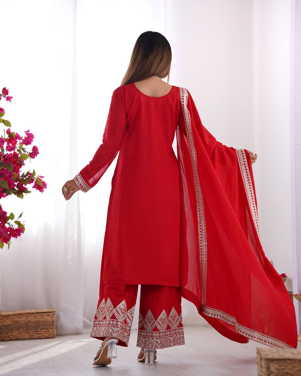 Premium Vichitra Silk Kurta with Straight Cut Design, Dupatta and Ready-to-Wear Trousers - Jaipuri Vastra