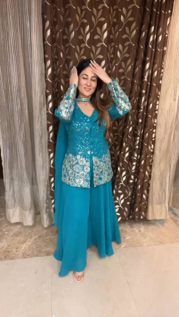 Fashionable Partywear Georgette Set with Sequence Embroidery & Pleated Dupatta