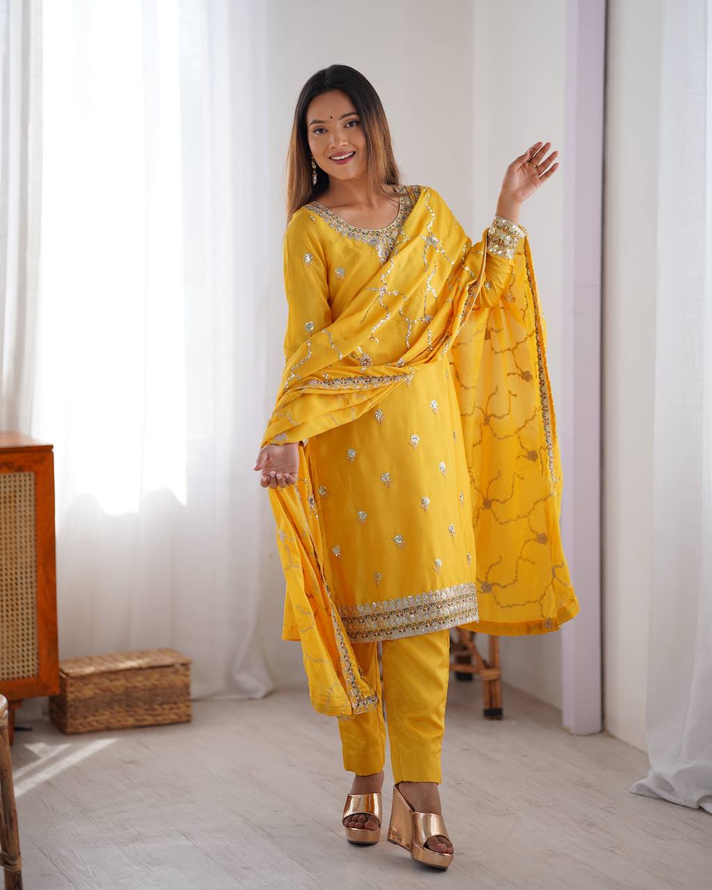Chinon Silk Thread and Sequin Embroidered Top with Matching Pant and Dupatta - Jaipuri Vastra