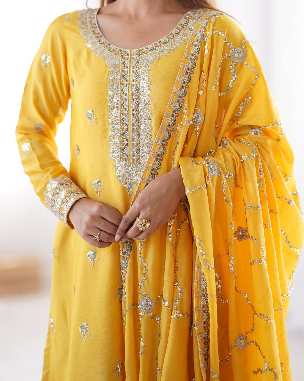Chinon Silk Thread and Sequin Embroidered Top with Matching Pant and Dupatta - Jaipuri Vastra