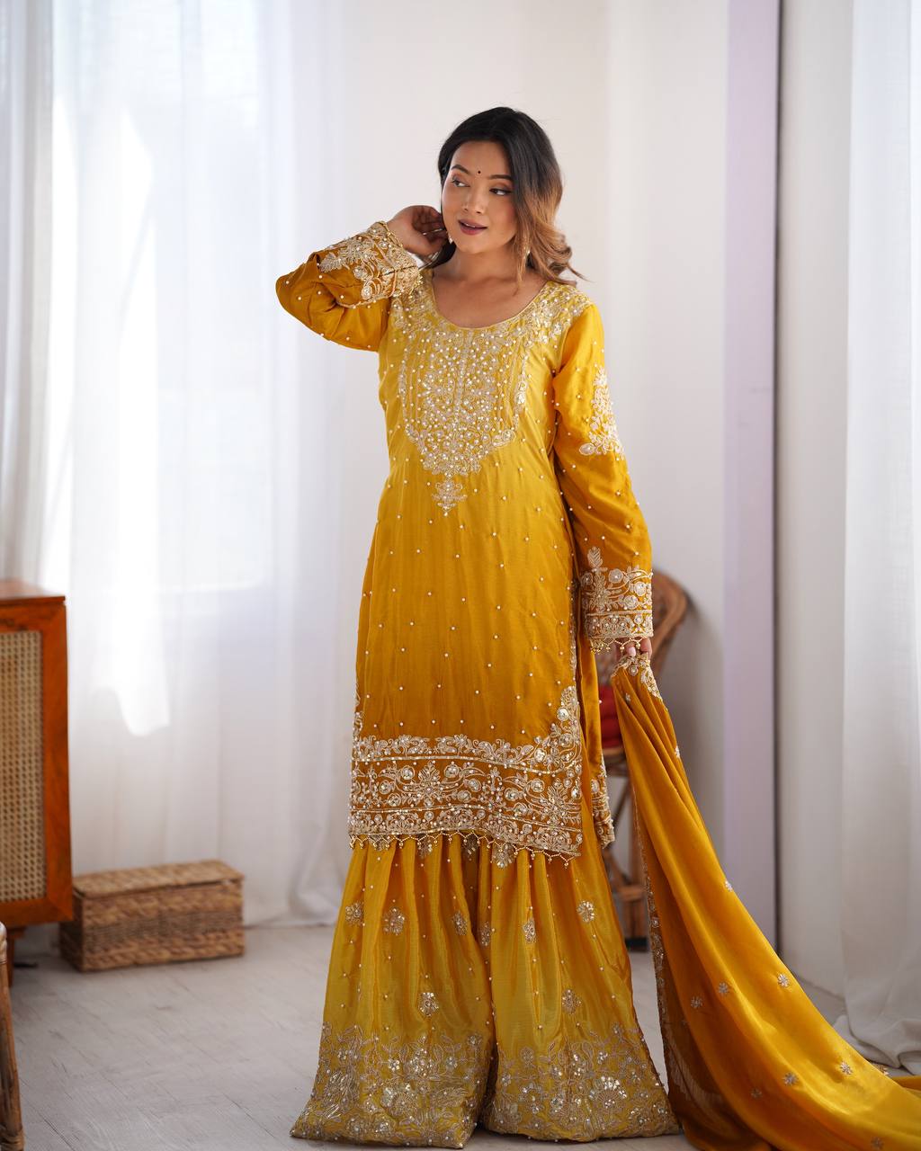 Elegant Chinon Silk Top with Coding Dori Sequin and Rivet Moti Work Plazzo Suit - Jaipuri Vastra