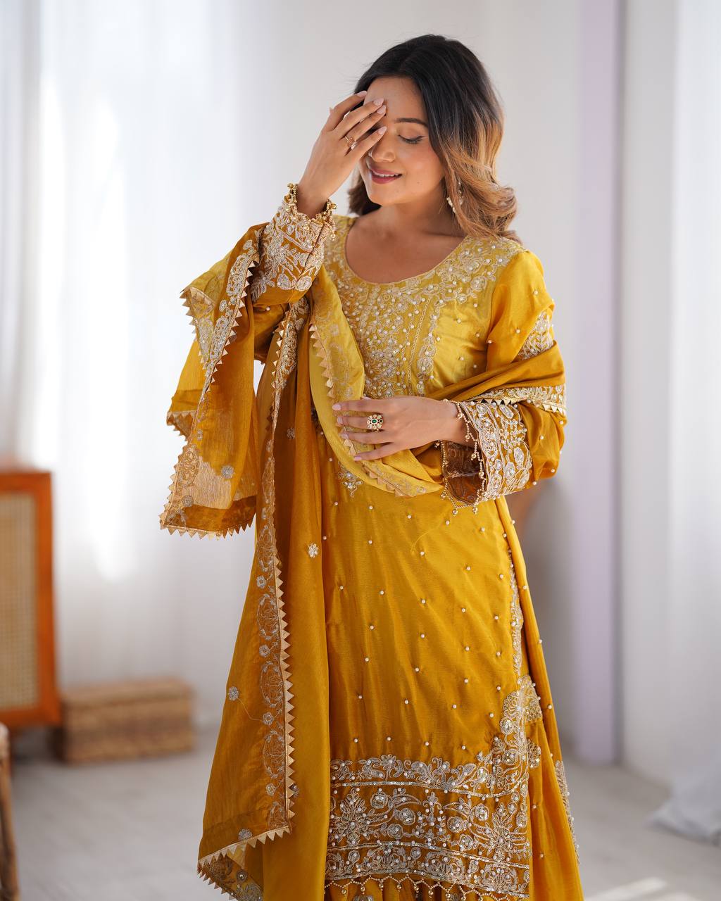 Elegant Chinon Silk Top with Coding Dori Sequin and Rivet Moti Work Plazzo Suit - Jaipuri Vastra