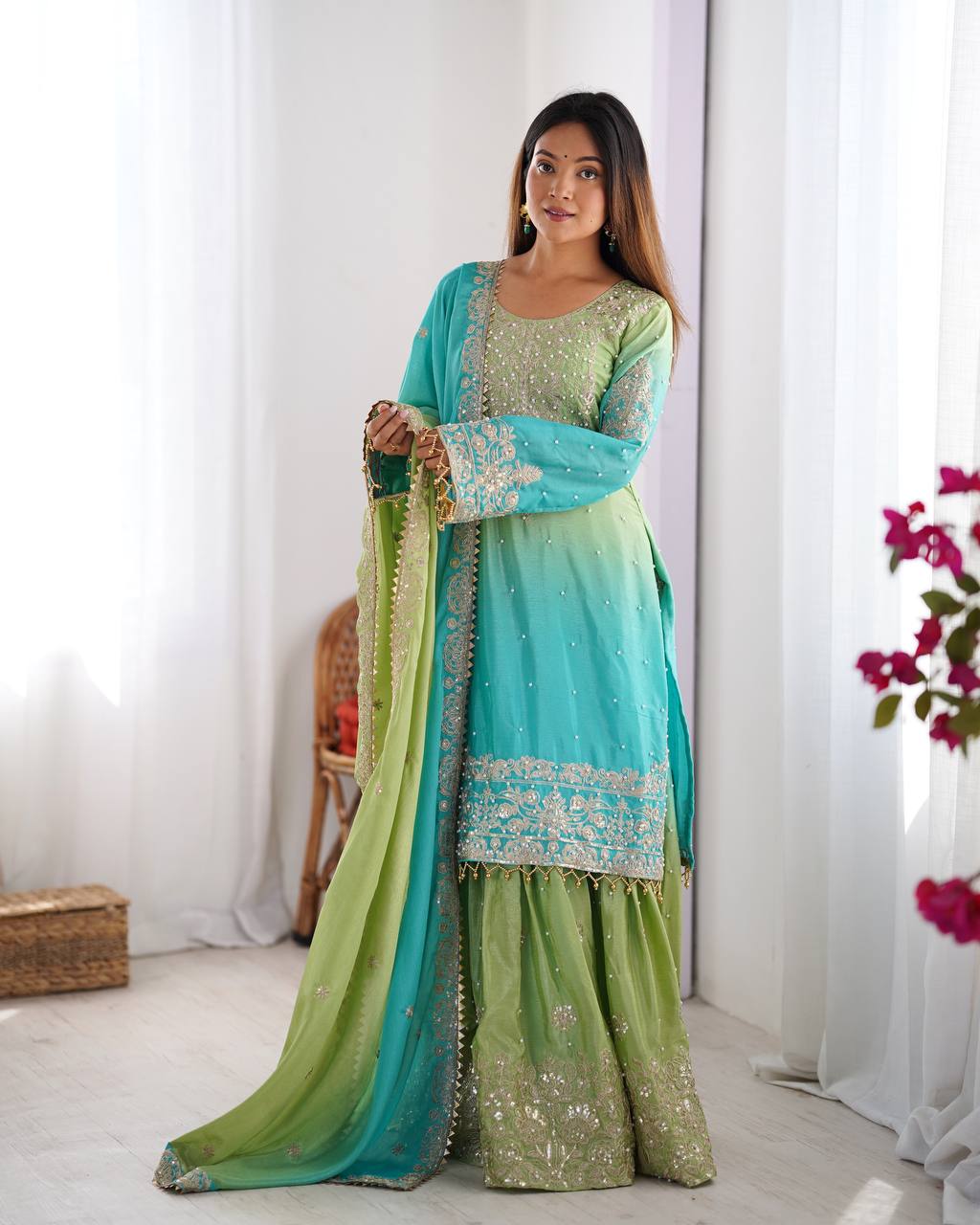 Elegant Chinon Silk Top with Coding Dori Sequin and Rivet Moti Work Plazzo Suit - Jaipuri Vastra