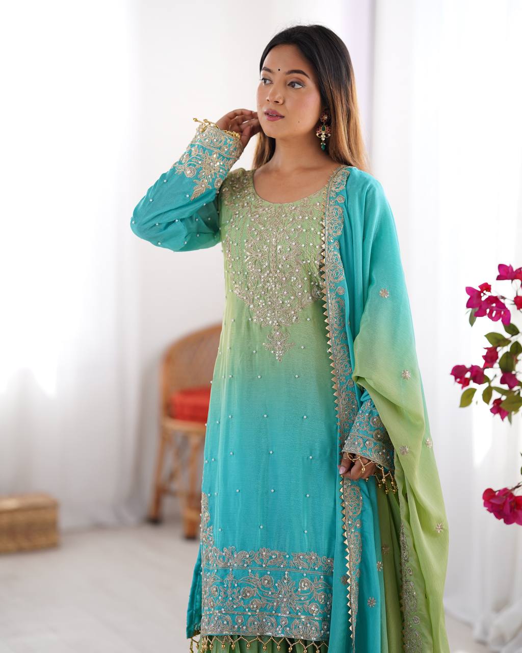 Elegant Chinon Silk Top with Coding Dori Sequin and Rivet Moti Work Plazzo Suit - Jaipuri Vastra
