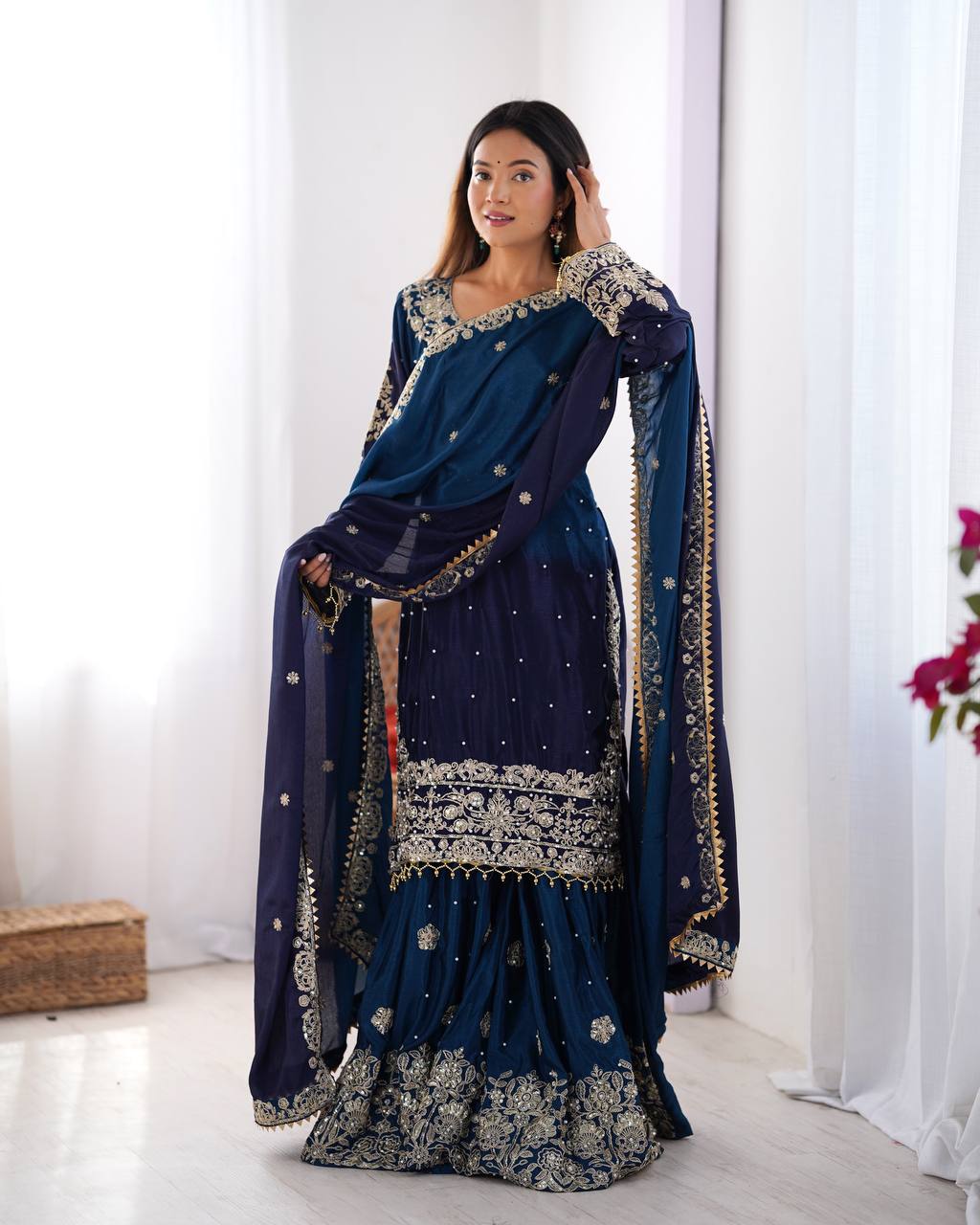 Elegant Chinon Silk Top with Coding Dori Sequin and Rivet Moti Work Plazzo Suit - Jaipuri Vastra