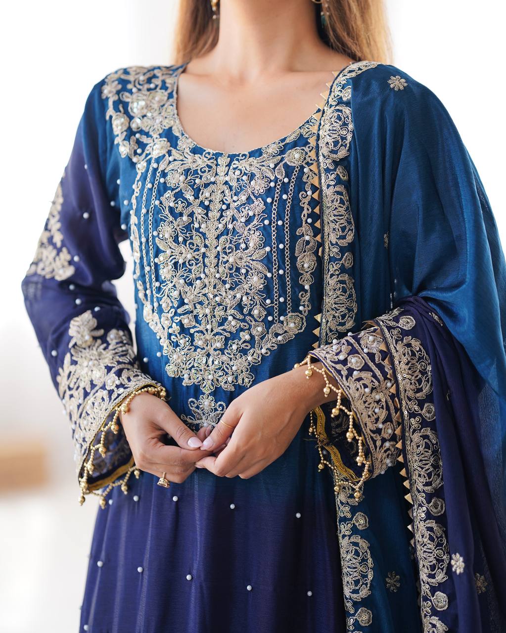 Elegant Chinon Silk Top with Coding Dori Sequin and Rivet Moti Work Plazzo Suit - Jaipuri Vastra