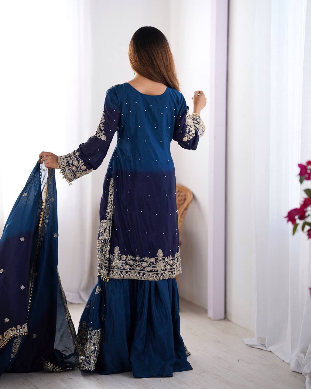 Elegant Chinon Silk Top with Coding Dori Sequin and Rivet Moti Work Plazzo Suit - Jaipuri Vastra