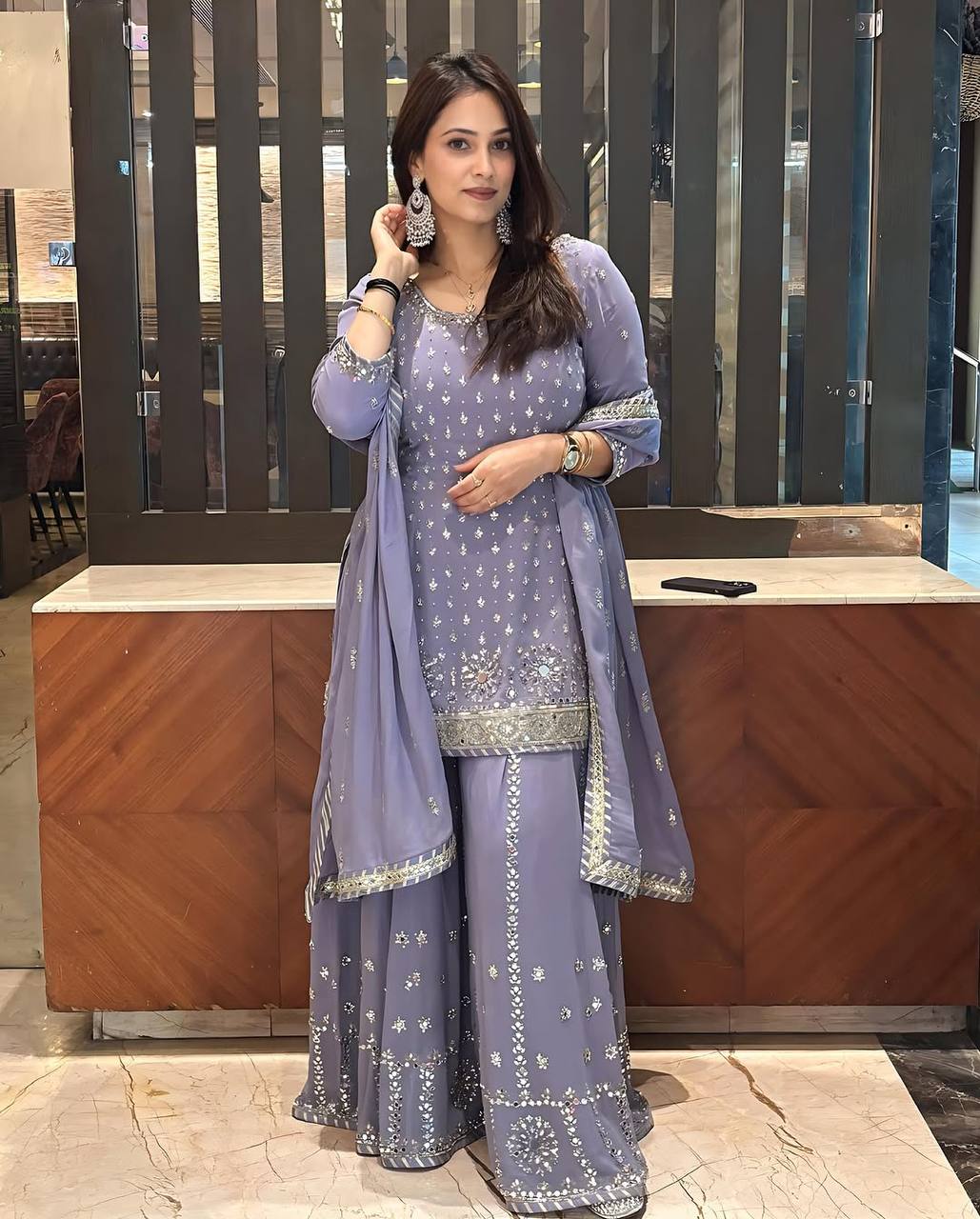 Festive Faux Georgette Suit Set in Purple with Heavy Embroidery, Pearl Detailing and Mirror Hand Work - Jaipuri Vastra