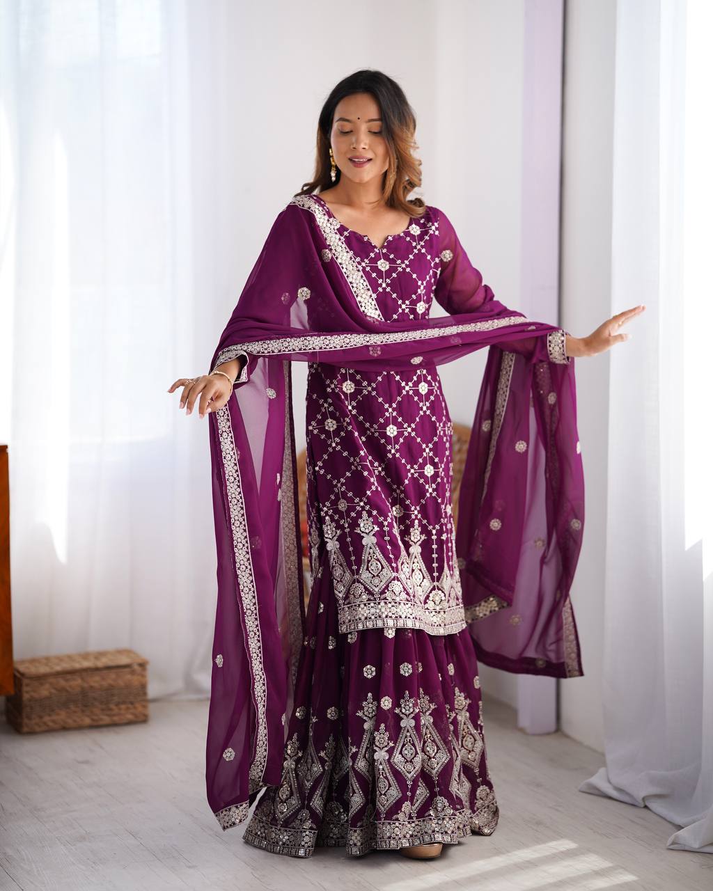 Premium Faux Georgette Front and Back Sequin Embroidered Suit with Plazzo and Dupatta - Jaipuri Vastra