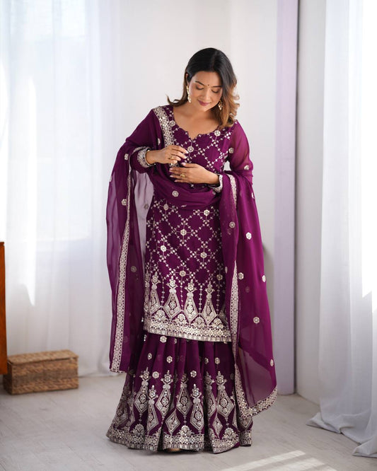 Premium Faux Georgette Front and Back Sequin Embroidered Suit with Plazzo and Dupatta - Jaipuri Vastra